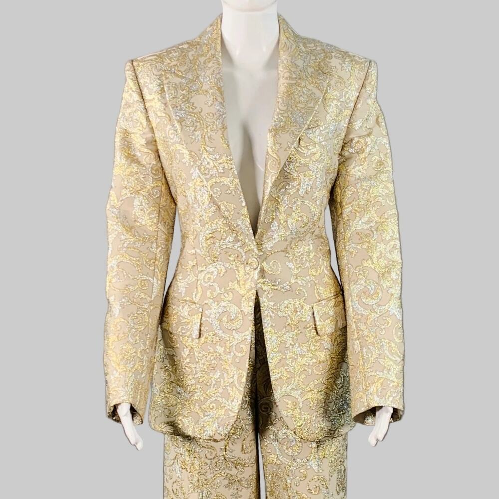 STELLA McCARTNEY 2 Metallic Gold Polyamide Blend Jacquard Peak Lapel Pantsuit